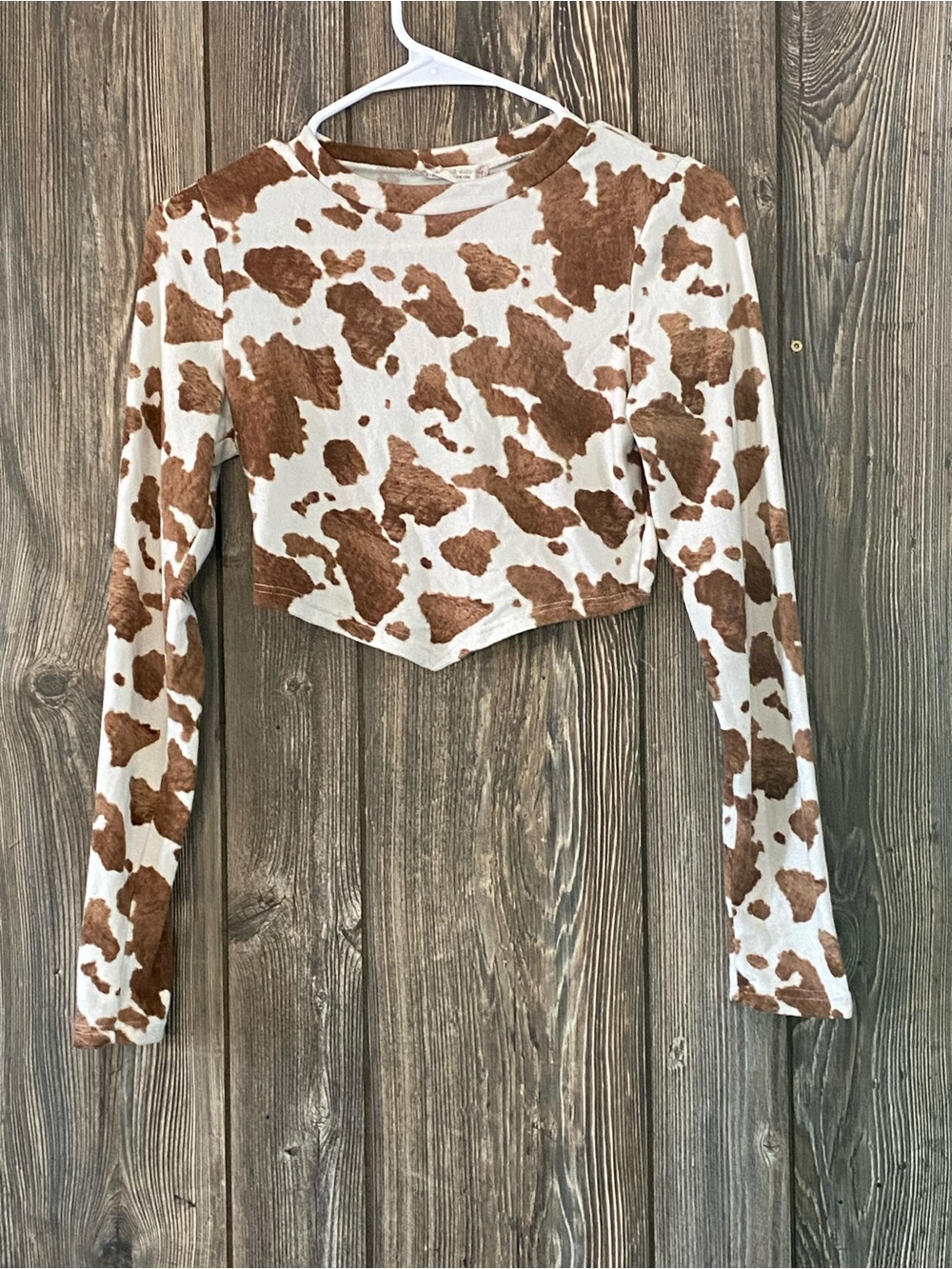 Altar'd State Brown and White Cow Print Cropped Long Sleeve Top